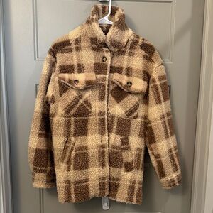 Love Tree Brown and Cream Checkered Sherpa Jacket